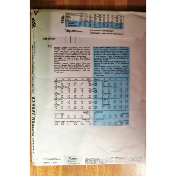 Vintage 1985 Bellville Sassoon Vogue 1635 Designer Originals Dress Size 12 Uncut - Picture 2 of 2